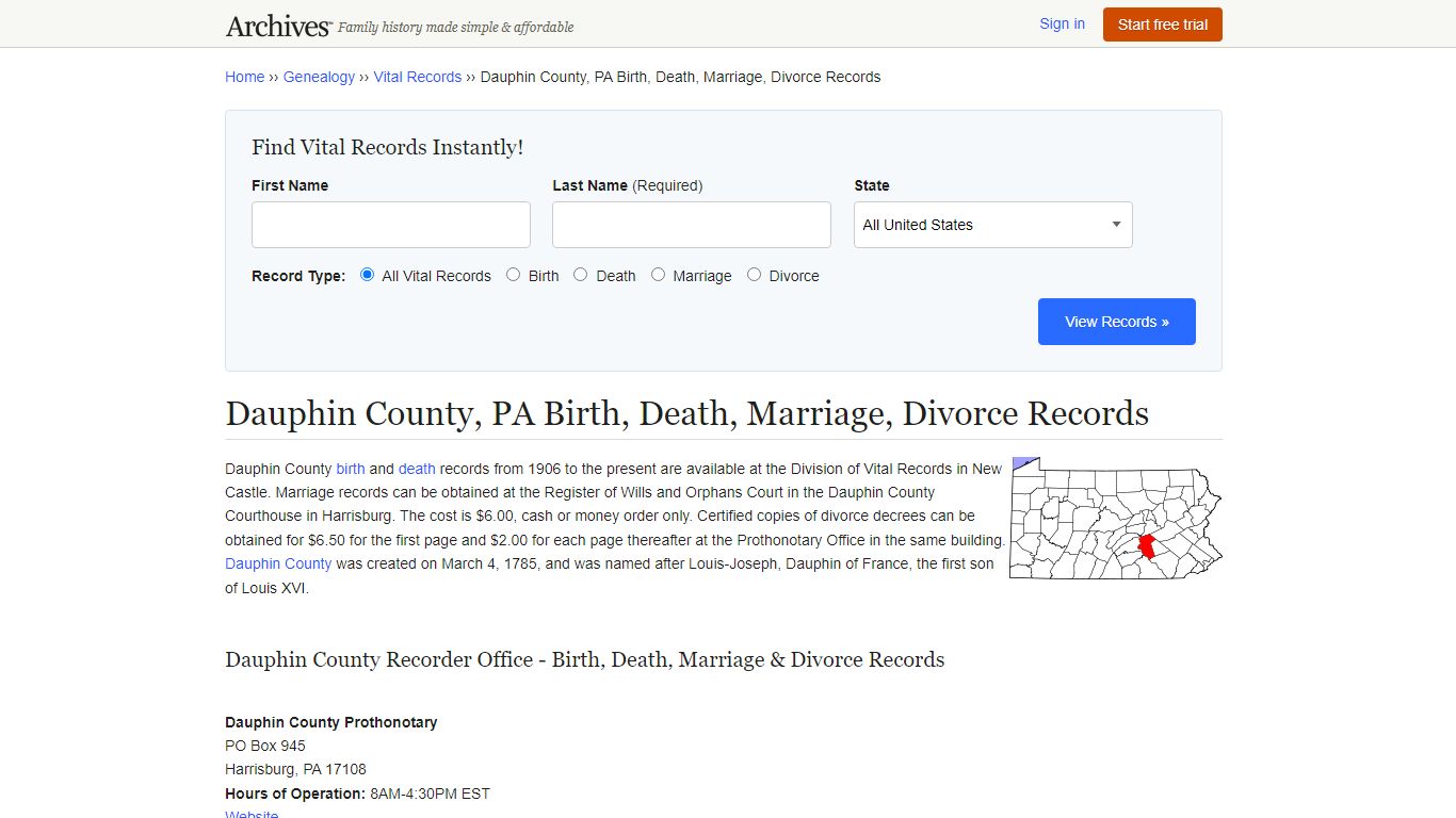 Dauphin County, PA Birth, Death, Marriage, Divorce Records