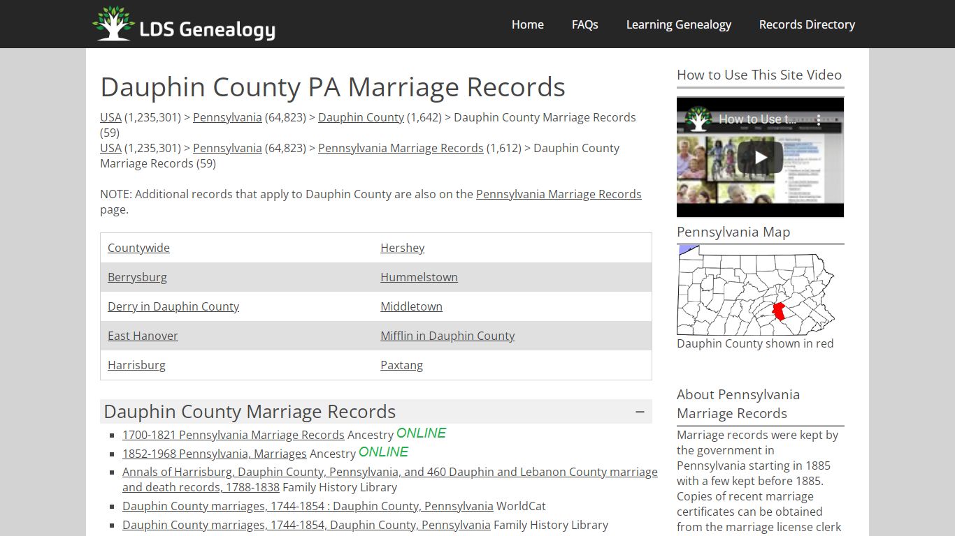 Dauphin County PA Marriage Records - LDS Genealogy