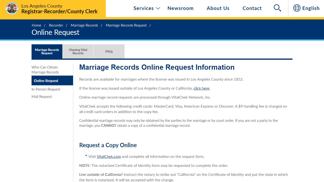 Marriage Records Online Request Information